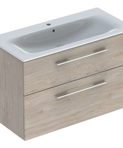 Set mobilier Geberit Selnova Square lavoar 100cm cu margine ingusta si dulap cu doua sertare nuc american deschis