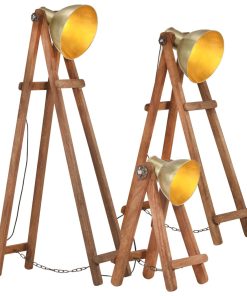 vidaXL Lămpi de podea, 3 buc., alamă, lemn masiv de mango, E27