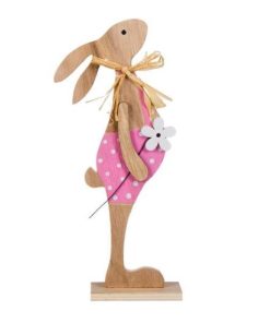Accesoriu de decor pentru Paste si primavara, iepuras din lemn, cu haina roz si floricica alba, inaltime 27.5 cm, multicolor