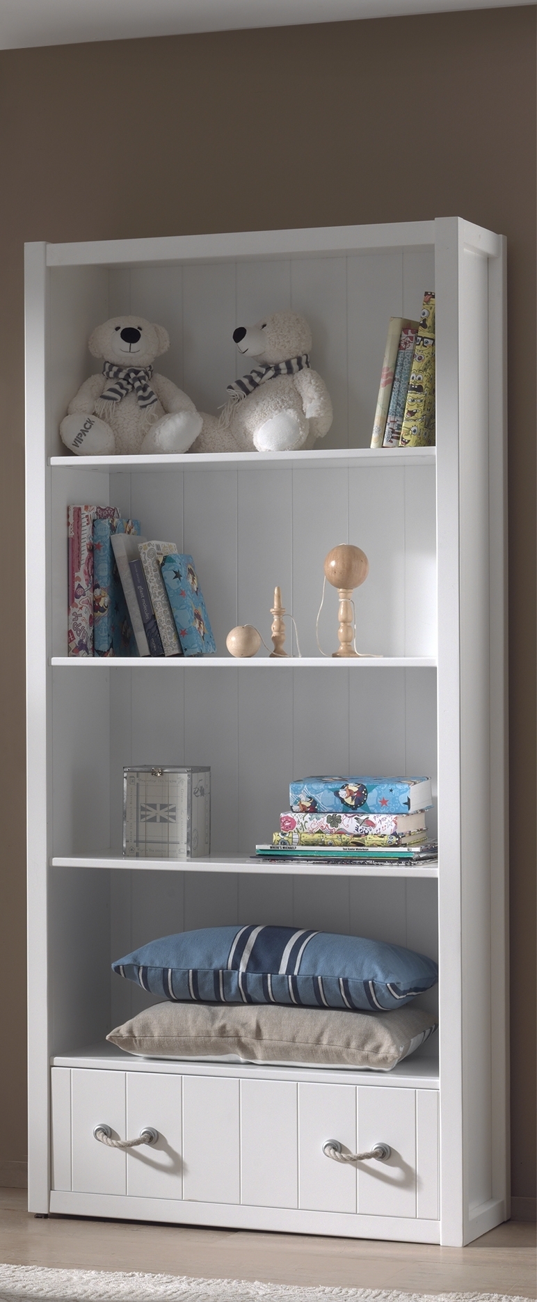 Biblioteca din lemn de pin si MDF cu 1 sertar, pentru copii Lewis Alb, l87xA40xH200 cm