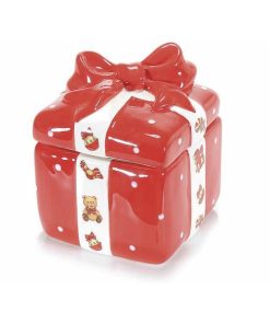 Borcan ceramic rosu alb cu capac decorativ cutie cadou cm 12 x 12 x 14 H