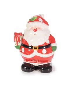 Borcan ceramic rosu alb cu capac decorativ Mos Craciun cm 18 x 15 x 23 H