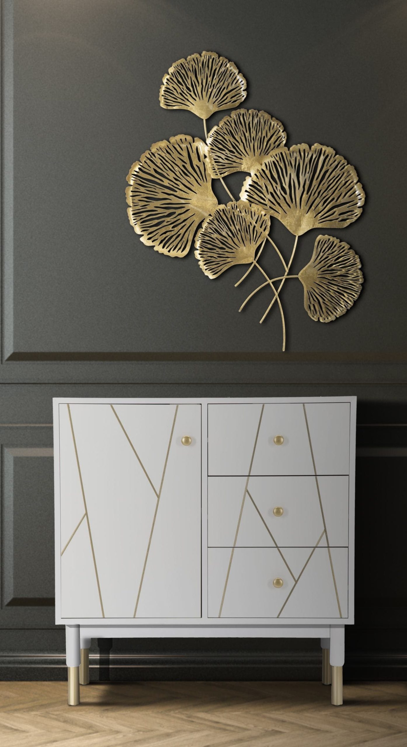 Cabinet din MDF si metal, cu 3 sertare si 1 usa Luxy Alb / Auriu, l80xA40xH82,5 cm
