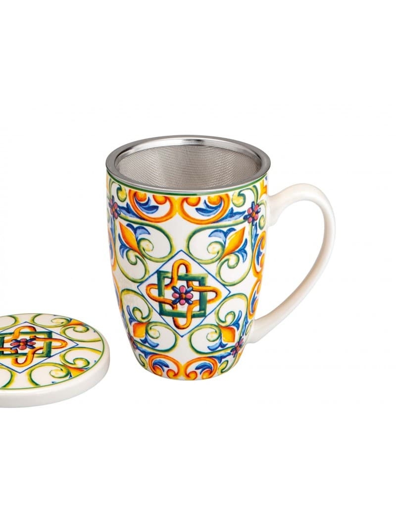 Cana cu capac si infuzor, din portelan si inox, Medicea Lily Multicolor, 350 ml