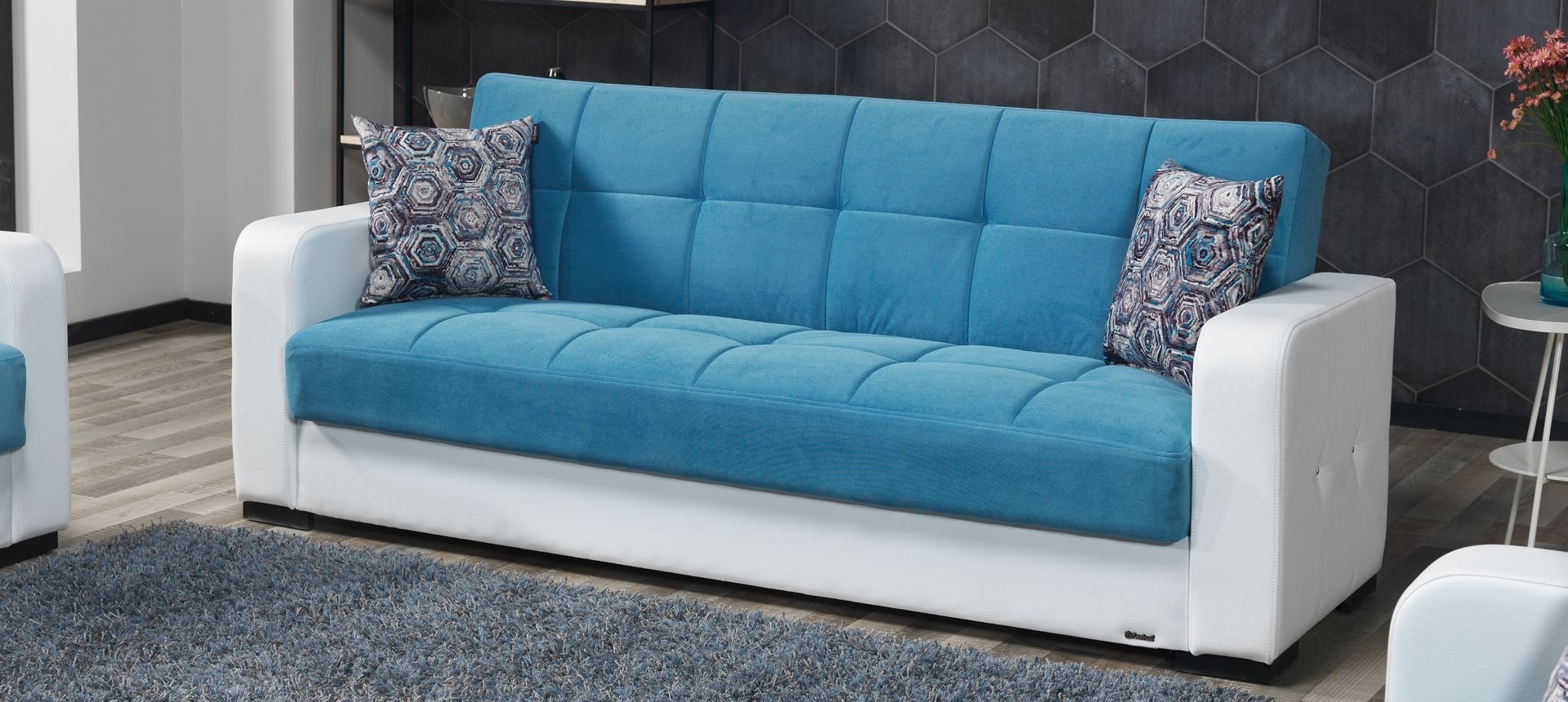 Canapea extensibila cu lada de depozitare, tapitata cu stofa 3 locuri Destina Albastru / Alb K1, l222xA72xH83 cm