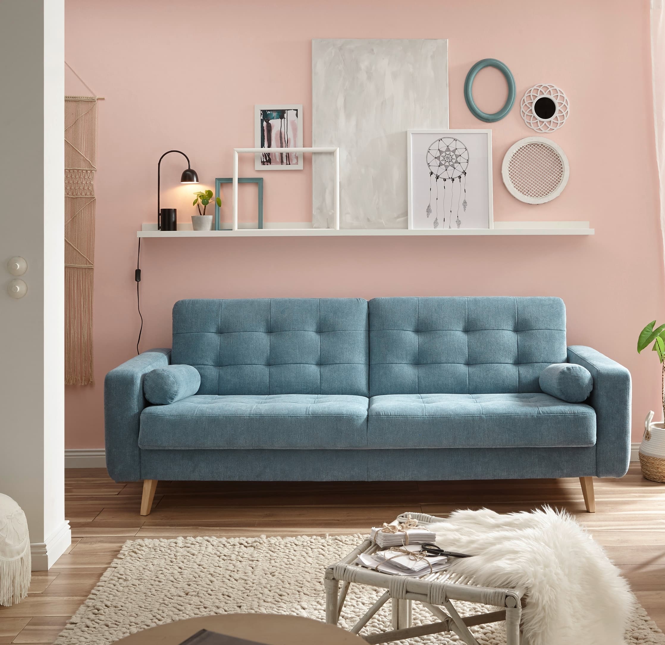 Canapea extensibila cu lada de depozitare, tapitata cu stofa, 3 locuri, Ford Albastru, l222xA90xH86 cm