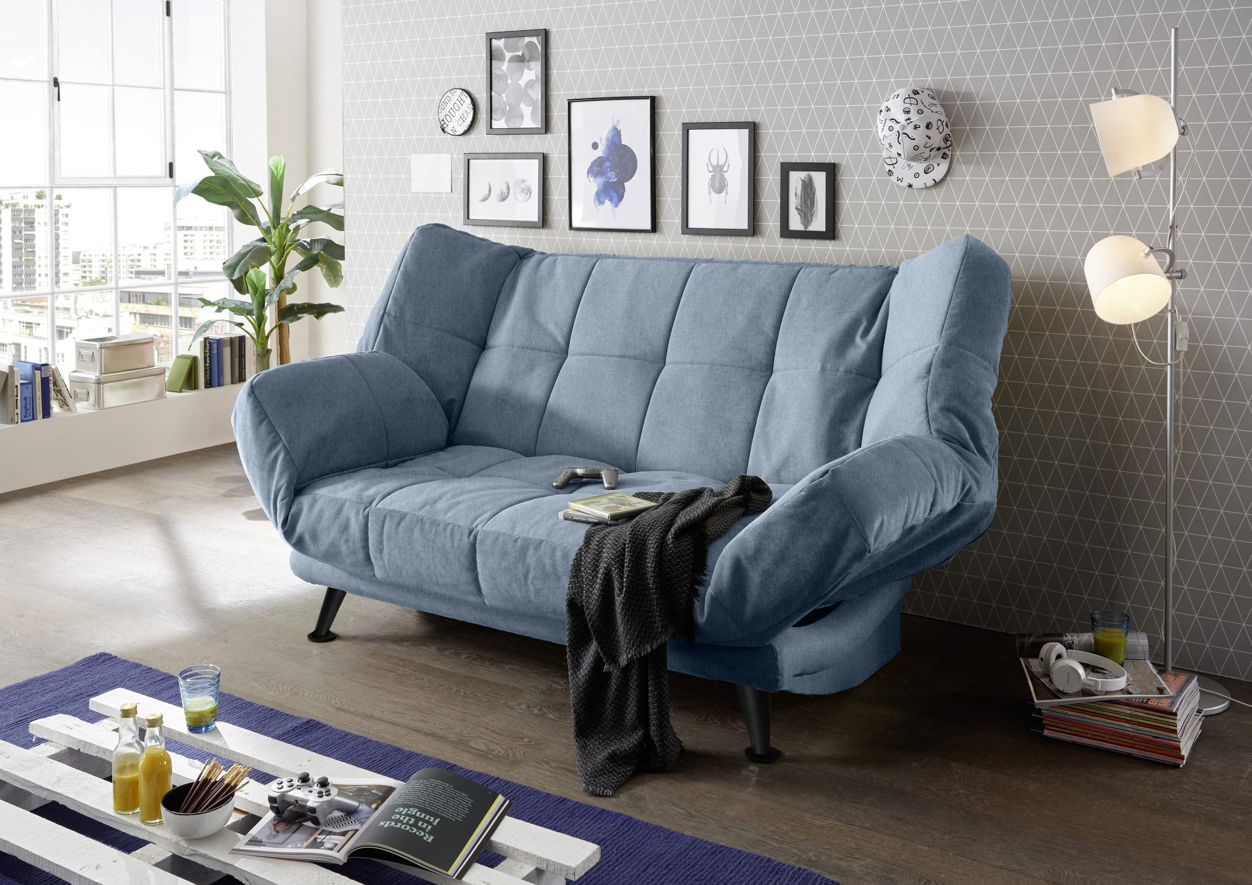 Canapea extensibila cu lada de depozitare, tapitata cu stofa, 3 locuri Ikaris 2 Albastru, l208xA98xH102 cm