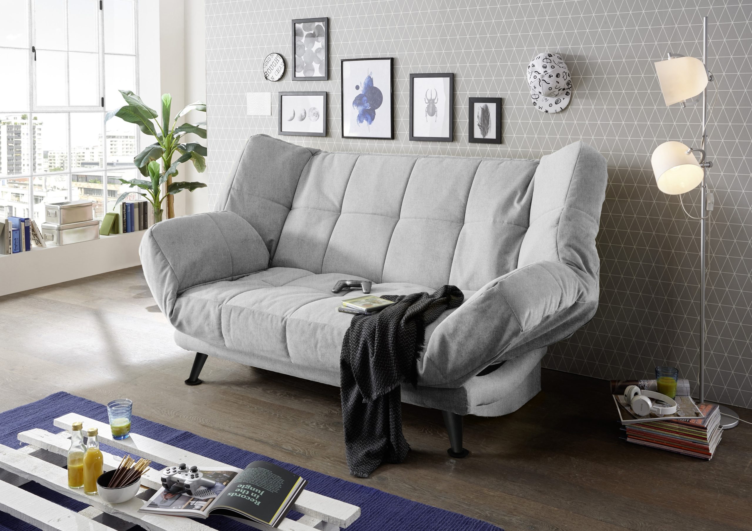 Canapea extensibila cu lada de depozitare, tapitata cu stofa, 3 locuri Ikaris 2 Gri, l208xA98xH102 cm