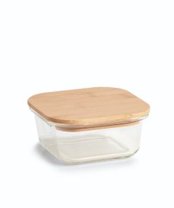 Caserola din sticla cu capac etans din bambus, Square Medium Transparent, 520 ml, L13xl13xH5,6 cm