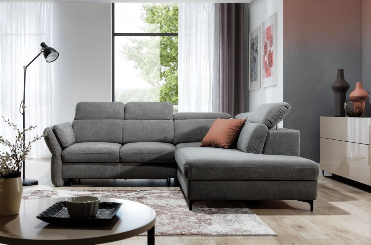 Coltar extensibil cu lada de depozitare, cu sezlong pe dreapta, tapitat cu stofa, Merano Gri, l245xA224xH80 cm