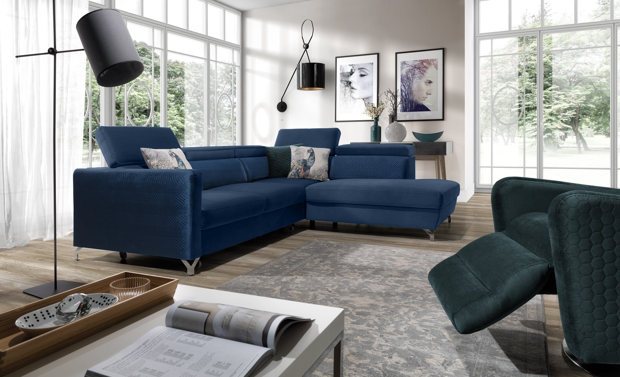 Coltar extensibil cu lada de depozitare, cu sezlong pe dreapta, tapitat cu stofa Marozzo Bleumarin, l265xA220xH95 cm