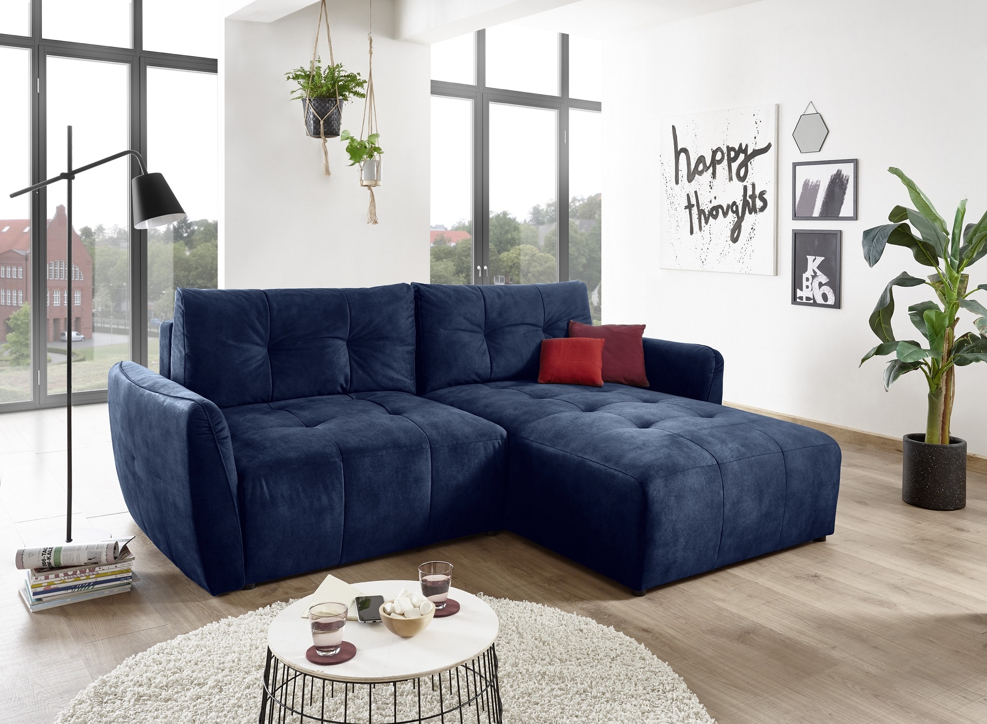 Coltar extensibil cu lada de depozitare, universal (pe stanga sau pe dreapta) tapitat cu stofa Daiana Bleumarin, l244xA182xH90 cm