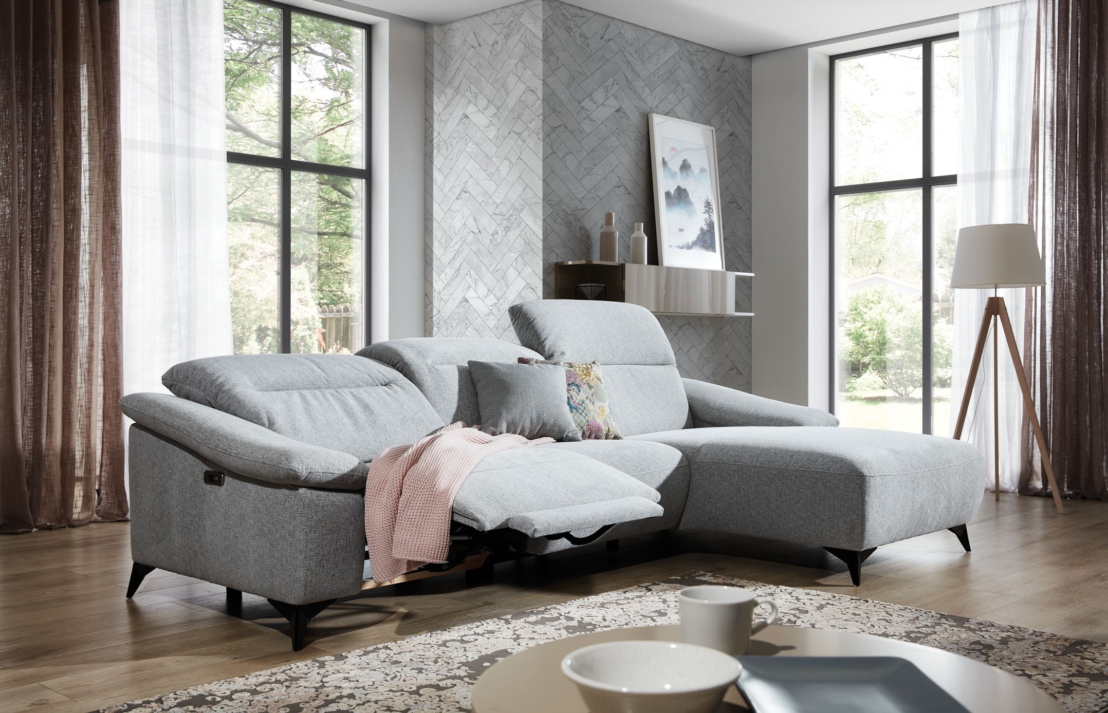 Coltar fix cu mecanism Relax, cu sezlong pe dreapta, tapitat cu stofa, Gappa Gri, l290xA170xH84 cm