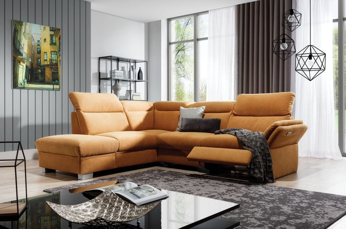 Coltar fix cu mecanism Relax, cu sezlong pe stanga, tapitat cu stofa, Reno Mustariu, l270xA230xH90 cm