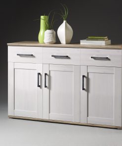 Comoda din pal cu 3 sertare si 3 usi Romina Alb / Stejar San Remo, l140xA46xH88 cm