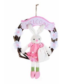 Coronita Paste lemn maro cu Iepuras textil roz Girl Diametru 34 cm