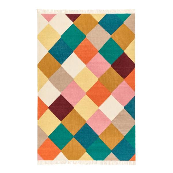 Covor decorativ, tesatura plata, lucrat manual, din lana, cu 2 fete, reversibil, model carouri, 133 x 195 cm, multicolor, Topi Dreams