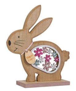 Decor masa de Paste, iepuras din lemn, decupaj model flori de primavara, mesaj cu urare Paste Fericit, inaltime 18.5 cm, multicolor - Topi Toy