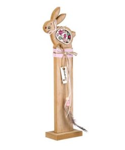 Decor Paste, iepuras din lemn, cu model floral multicolor, fulgi, margele, mesaj Primavara in limba engleza, inaltime 37.5 cm - Topi Toy