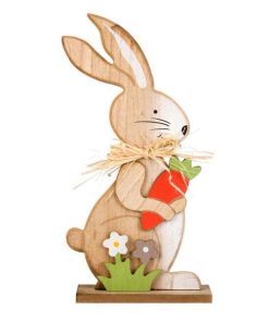 Decor Paste, iepuras din lemn, cu morcov, flori de primavara, iarba verde, papion din paie, inaltime 29.5 cm - Topi Toy