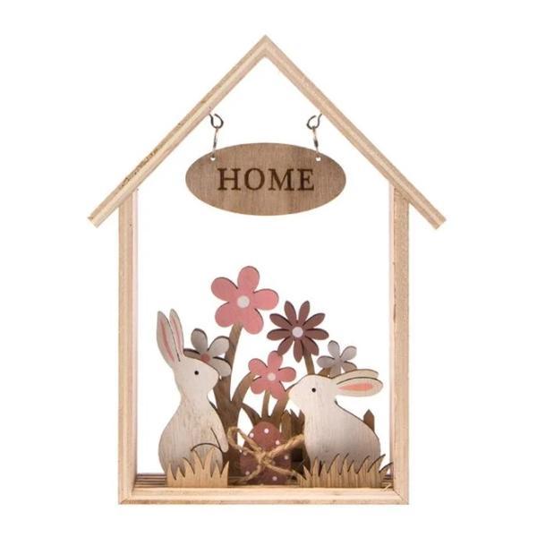 Decor pentru masa de Paste, casa din lemn, cu mesaj, iepurasi, ou rosu, flori de primavara, aplicatii decorative, inaltime 19.5 cm - Topi Toy