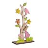 Decor pentru masa de Paste, iepuras din lemn, in gradinita cu gard, flori de primavara si pasare in pom inflorit, inaltime 22.5 cm - Topi Toy