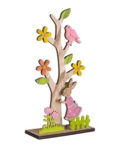 Decor pentru masa de Paste, iepuras din lemn, in gradinita cu gard, flori de primavara si pasare in pom inflorit, inaltime 22.5 cm - Topi Toy