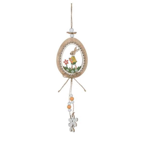 Decoratiune suspendabila tip pandantiv din lemn, decupat in forma de ou, decorat cu floricele de primavara multicolor si iepuras de Paste, lungime 30 cm