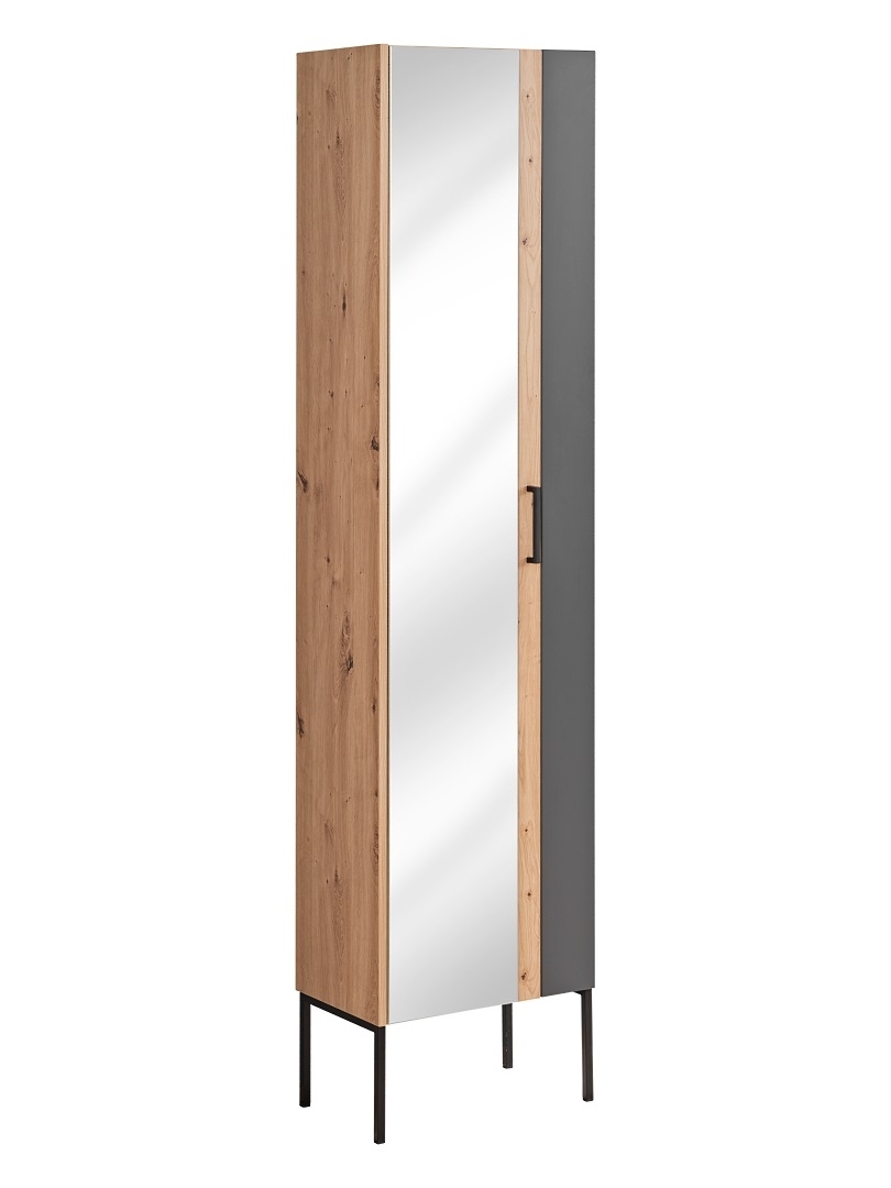 Dulap baie inalt, cu oglinda, 1 usa, picioare metalice, Madera Grafit / Stejar, l45xA30xH170 cm