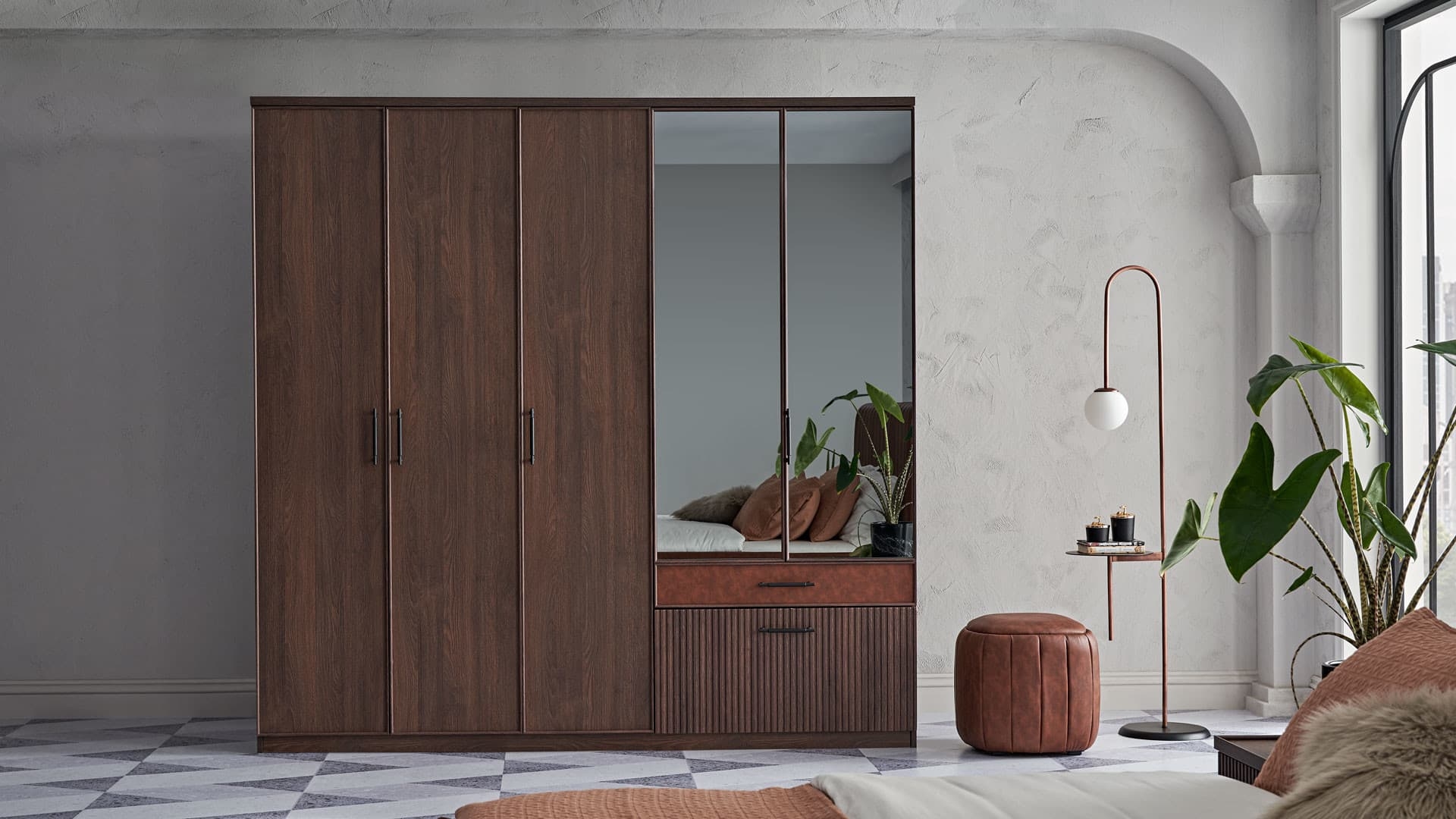 Dulap din pal cu 5 usi, 3 sertare si oglinda Matilda Nuc, l223,3xA59,9xH220,6 cm