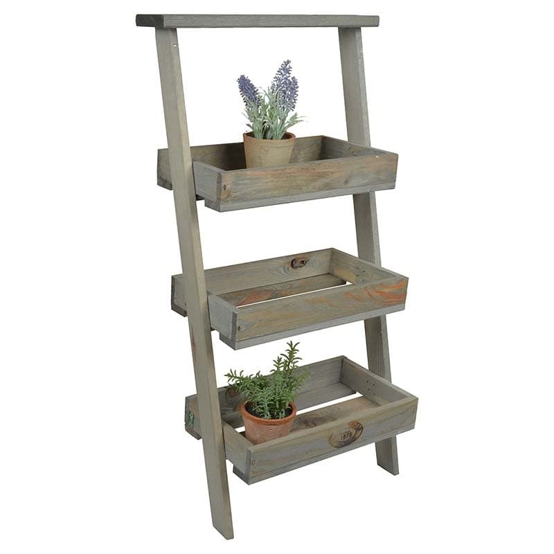 Etajera perete pentru ghivece, cu 3 rafturi din lemn de pin, Stepped Gri Antichizat, L35,8xl34xH73 cm