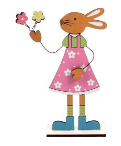 Figurina decor pentru masa de Paste, fetita iepuras din lemn, cu rochita multicolor si floricele de primavara, inaltime 17.5 cm - Topi Toy