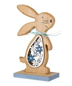 Figurina decor pentru masa de Paste, iepure pe stativ din lemn, cu decupaj floral, inaltime 14.5 cm