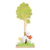 Figurina decor pentru masa de Paste, model cu iepuras, flori multicolor de primavara, iarba verde, pom inflorit, pe stativ din lemn, inaltime 30 cm