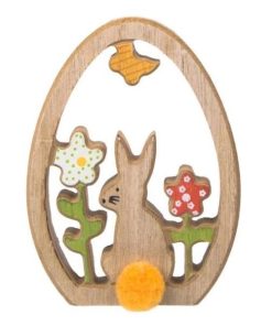 Figurina decor pentru masa, ou de Paste cu iepuras din lemn si flori multicolor de primavara, inaltime 12.5 cm