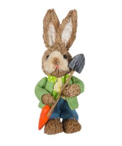 Figurina decor pentru Paste, iepure gospodar, cu morcov, haine si accesorii, inaltime 31.5 cm