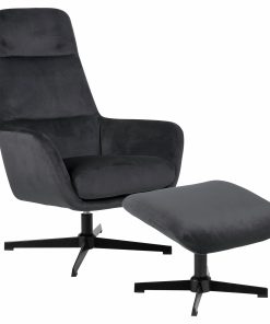 Fotoliu rotativ tapitat cu stofa + Taburet Trafford Velvet Gri inchis, l70xA122xH103,5 cm