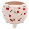 Ghiveci din ceramica roz, cu 3 picioare si desene cu cirese rosii, 17x15 cm OEM