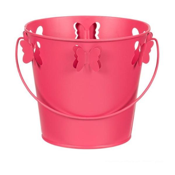 Ghiveci tip galetusa cu maner, Design Fluturi, Roz, Metal, 16x14.5 cm