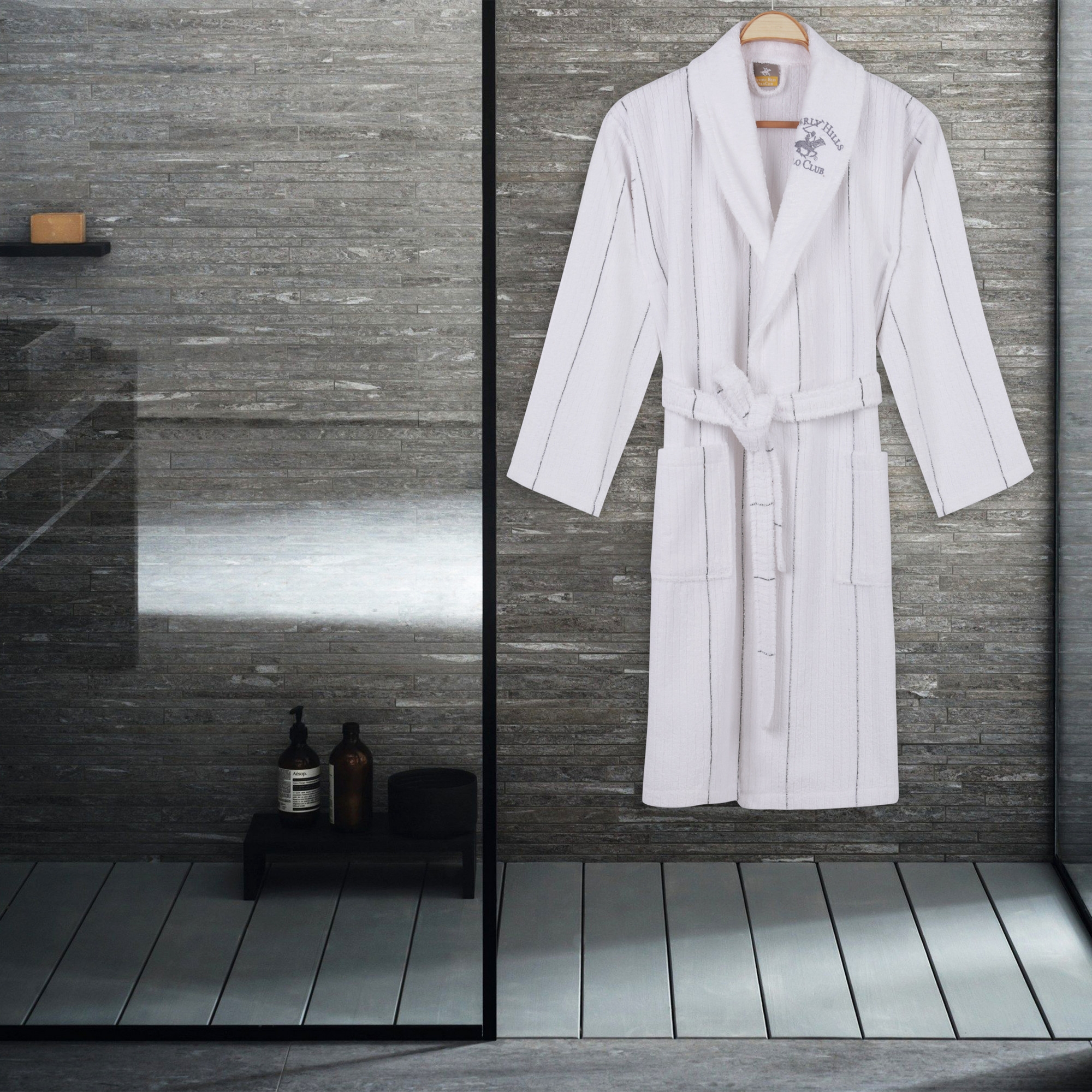 Halat de baie unisex, din bumbac, Beverly Hills Polo Club 702 Alb / Gri, M / L