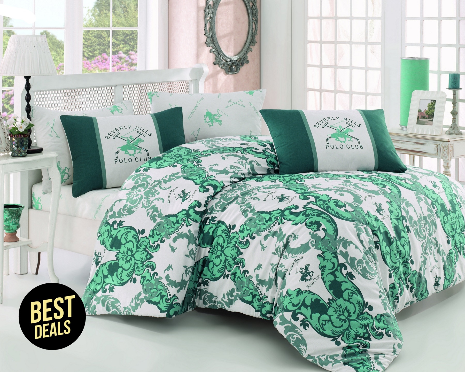 Lenjerie de pat din bumbac Ranforce, Beverly Hills Polo Club BHPC 024 Verde / Alb, 200 x 220 cm