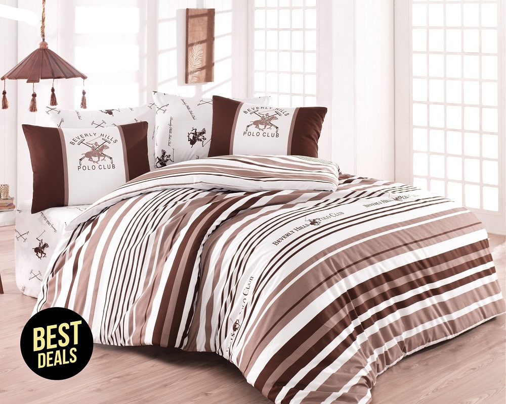 Lenjerie de pat din bumbac Ranforce, Beverly Hills Polo Club BHPC 029 Maro / Alb, 200 x 220 cm
