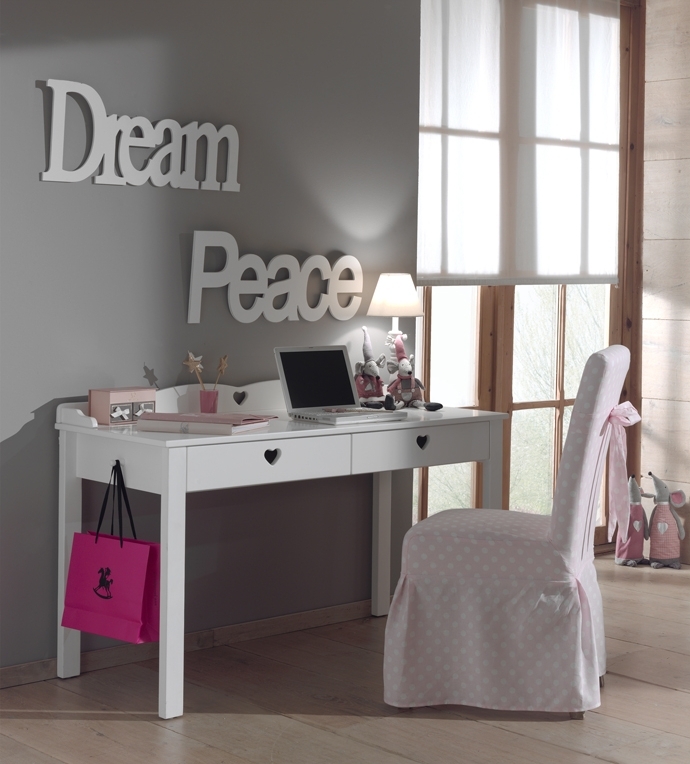 Masa de birou din lemn de pin si MDF cu 2 sertare, pentru copii Amori Alb, L130xl60xH84,5 cm
