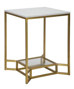 Masa de cafea din metal si sticla Double Marble Alb / Auriu, L47xl47xH60 cm