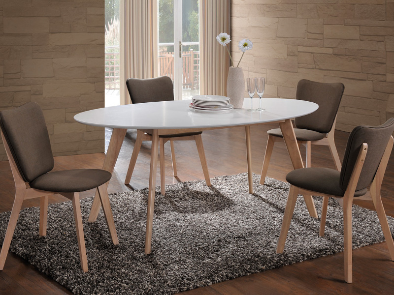 Set masa din MDF si lemn Montana White / Oak + 4 scaune Montana Khaki, L160xl90xH75 cm