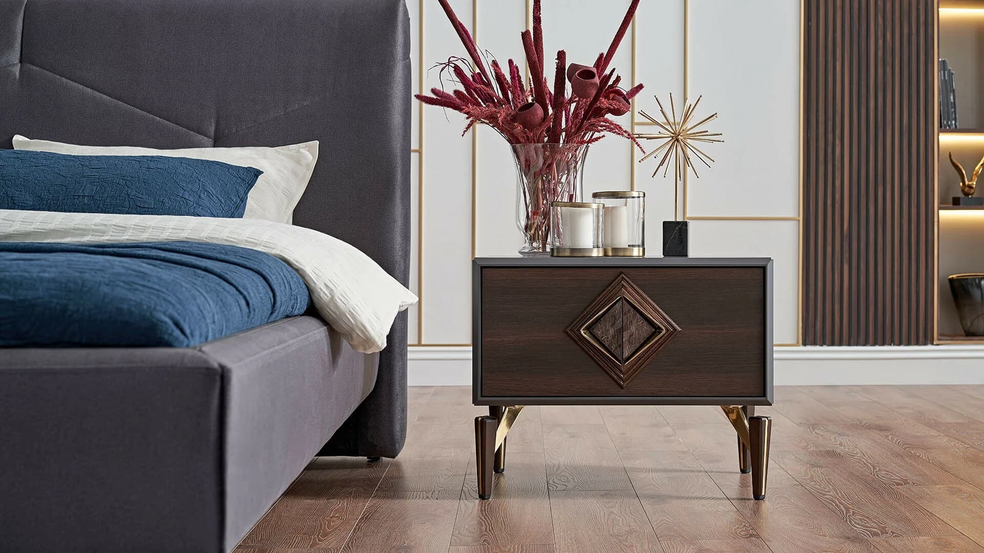 Noptiera din MDF si pal, cu 1 sertar Valentin Nuc / Gri inchis, l64,2xA42,5xH51,6 cm