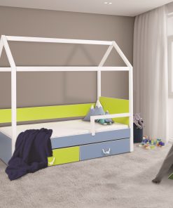 Pat din lemn de pin si pal cu 2 sertare, pentru copii tip casuta Ofelia II, 200 x 90 cm