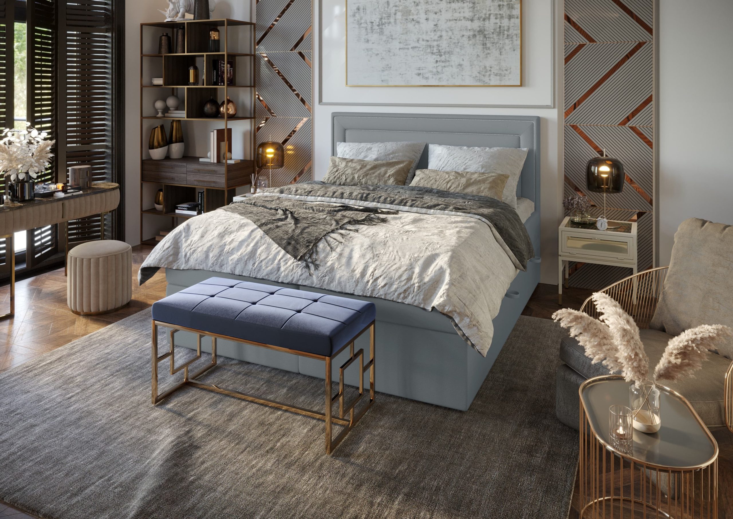 Pat rabatabil cu lada de depozitare, tapitat cu stofa Annecy Boxspring Urban Grey, topper Visco inclus, 200 x 160 cm