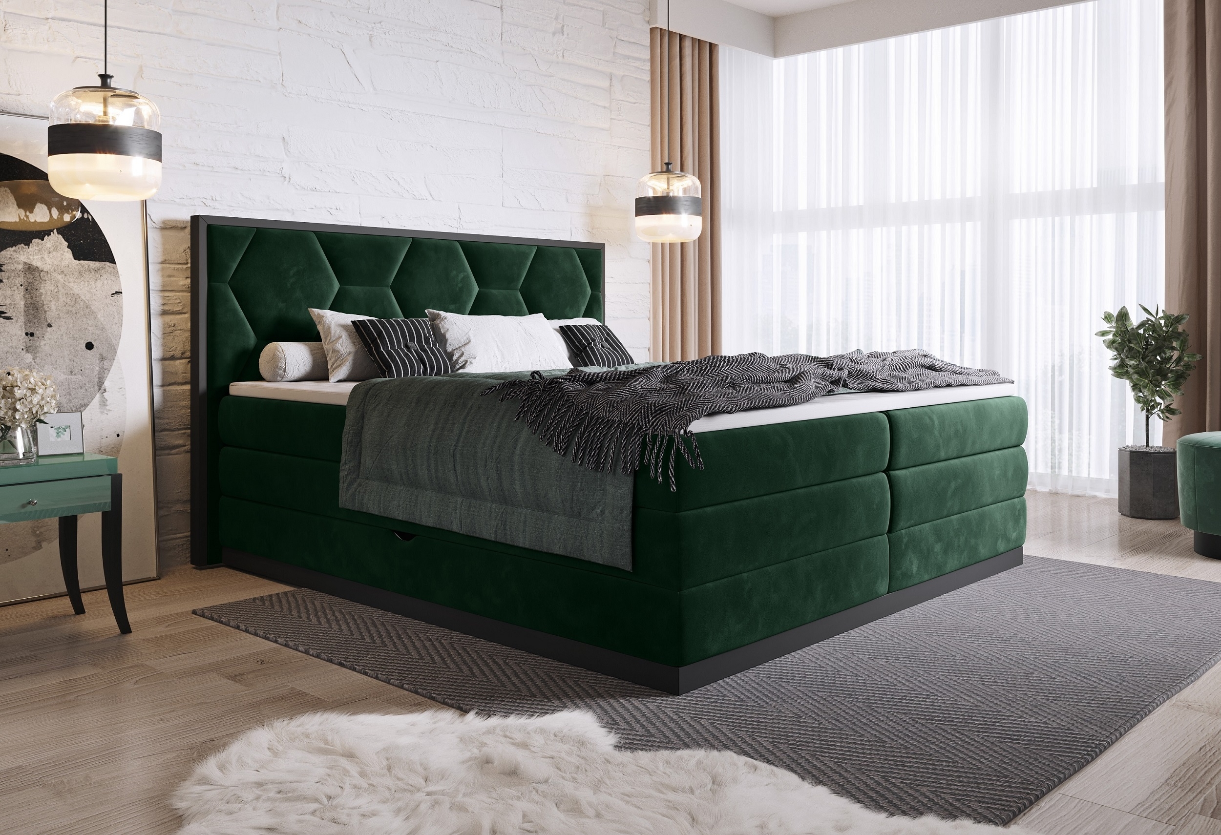 Pat rabatabil cu lada de depozitare, tapitat cu stofa Galia Boxspring Verde inchis, topper inclus, 200 x 160 cm + Pachet Bonus "Fara Griji" + Covor Bonus