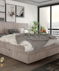 Pat rabatabil cu lada de depozitare, tapitat cu stofa Minola Boxspring Crem, topper inclus, 200 x 180 cm + Pachet Bonus "Fara Griji" + Covor Bonus